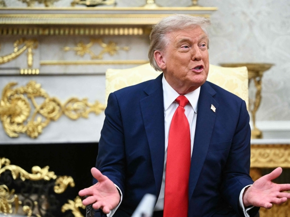 US President Donald Trump speaks during a meeting with Ukrainian President Volodymyr Zelensky in the Oval Office of the White House in Washington, DC, on August 18, 2025. European leaders join Ukrainian President Volodymyr Zelensky in talks with U...