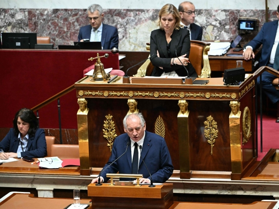 France's Prime Minister Francois Bayrou delivers his general policy statement during the parliamentary extraordinary session prior to a confidence vote over the government's austerity budget, at the National Assembly in Paris on September 8, 2025....