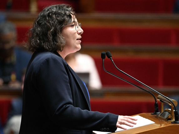 President of Ecologiste et Social parliamentary group Cyrielle Chatelain delivers a speech following prime Minister's general policy statement during the parliamentary extraordinary session prior to a confidence vote over the government's austerit...