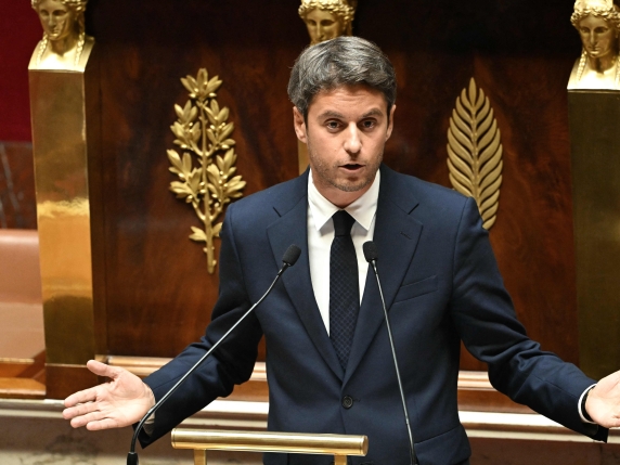 President of Ensemble Pour la Republique parliamentary group Gabriel Attal delivers a speech following prime Minister's general policy statement during the parliamentary extraordinary session prior to a confidence vote over the government's auster...