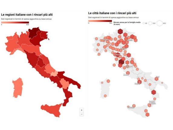 Siena la città più cara: 784 euro di spesa in più per famiglia in un anno