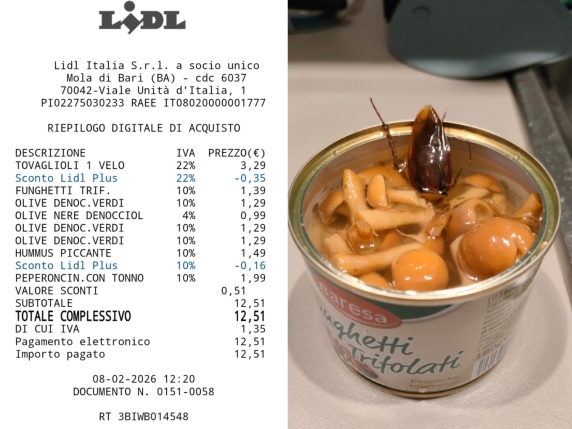 Una blatta nella scatola dei funghi trifolati comprati al supermercato: scoperta choc a Mola di Bari. Pronta la denuncia al Nas