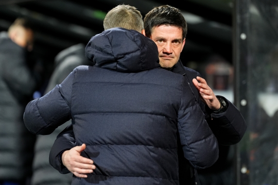 BODO, NORWAY - FEBRUARY 18: Cristian Chivu, Head Coach of FC Internazionale Milano, interacts with Kjetil Knutsen, Head Coach of Bodo/Glimt, prior to the UEFA Champions League 2025/26 League Knockout Play-off First Leg match between FK Bodo/Glimt ...