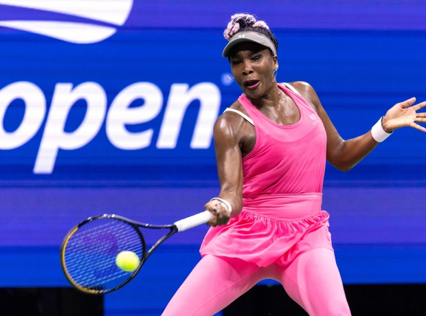 (FILES) USA's Venus Williams plays a forehand return against Belgium's Greet Minnen during the US Open tennis tournament women's singles first round match at the USTA Billie Jean King National Tennis Center in New York Cityon August 292023. Se...