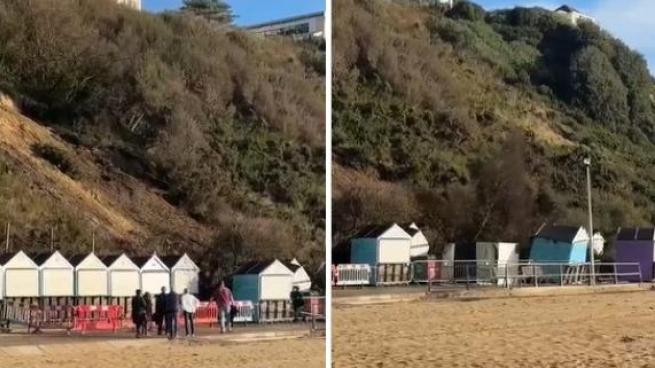 La frana invade la spiaggia e travolge le cabine: una donna e il suo cane si salvano per un soffio