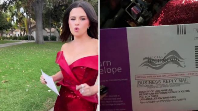 Selena Gomez vota per posta in abito rosso sgargiante prima di una premiere: «Non posso andare alla festa senza aver votato!»