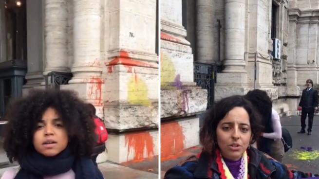 Palloncini pieni di tempera sulla facciata del Miur: la risposta del movimento transfemminista al ministro Valditara