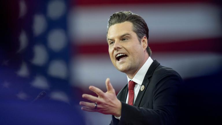 FILE - Rep. Matt Gaetz, R-Fla., speaks during the Conservative Political Action Conference, CPAC 2024, at the National Harbor, in Oxon Hill, Md., Feb. 23, 2024. (AP Photo/Alex Brandon, File)