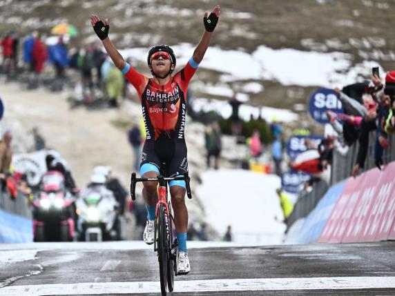 Colombian rider Santiago Butrago Sanchez of Bahrain Victorious celebrates after crossing the finish line and winning the nineteenth stage of the 2023 Giro d'Italia cycling race over 183 km from Longarone to Tre Cime di Lavaredo, Italy, 26 May 2023. ANSA/LUCA