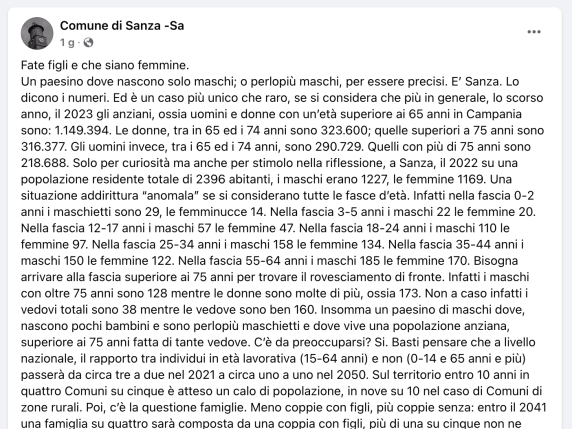 Sanza, l'appello del Comune: «Fate figli e che siano femmine» Sanza, l'appello del Comune: «Fate figli e che siano femmine»