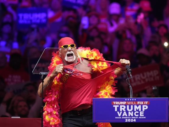 Hulk Hogan speaks before Republican presidential nominee former President Donald Trump at a campaign rally at Madison Square Garden, Sunday, Oct. 27, 2024, in New York. (AP Photo/Evan Vucci)