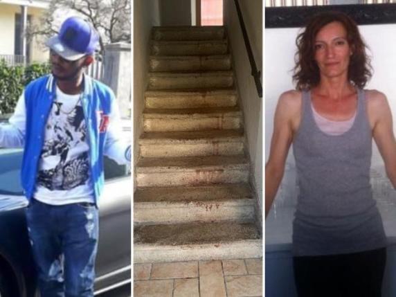 La  vittima Ernest Emperor Mohamed, 30 anni,  le scale insanguinate della palazzina dove è avvenuto l’omicidio e la donna arrestata, Sandra Fratus, 51