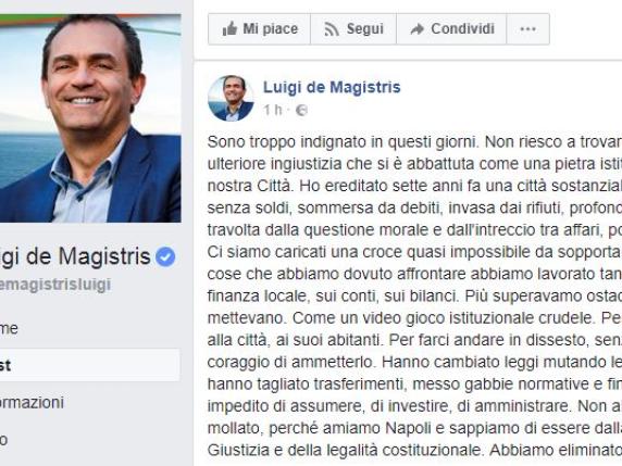 Napoli, de Magistris: «Non trovo pace per i debiti ingiusti della città»