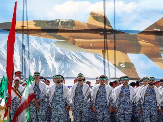 TOPSHOT - Iranian soldiers take part in a military parade during a ceremony marking the country's annual army day in the capital Tehran on April 17, 2024. (Photo by ATTA KENARE / AFP)