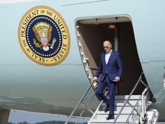 President Joe Biden arrives on Air Force One, Thursday, April 18, 2024, at Andrews Air Force Base, Md. Biden is returning from Philadelphia. (AP Photo/Alex Brandon)