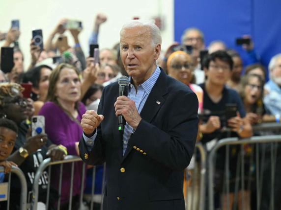 US President Joe Biden speaks to the overflow room at a campaign rally at Sherman Middle School in Madison, Wisconsin, on July 5, 2024. (Photo by SAUL LOEB / AFP)