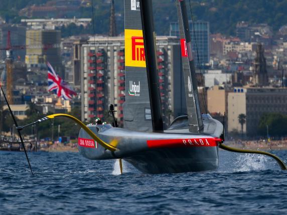 BARCELONA, SPAIN - SEPTEMBER 16: The AC75 Luna Rossa Prada Pirelli Team competes during the Louis Vuitton 37th America's Cup Semi Final Race 5 against the AC75 NYYC American Magic on September 16, 2024 in Barcelona, Spain. (Photo by David Ramos/Getty Images)