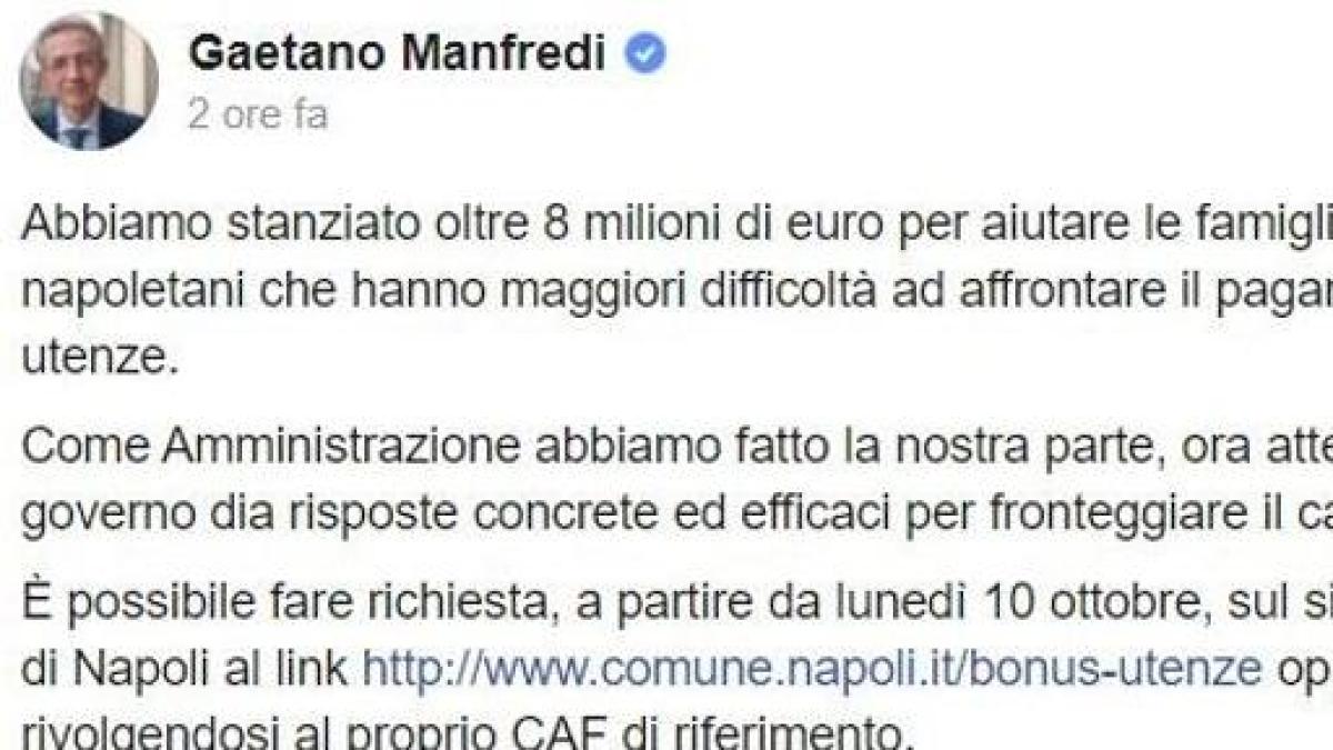 Caro Bollette, Manfredi: «Dal Comune Di Napoli 8 Milioni Per Aiutare ...