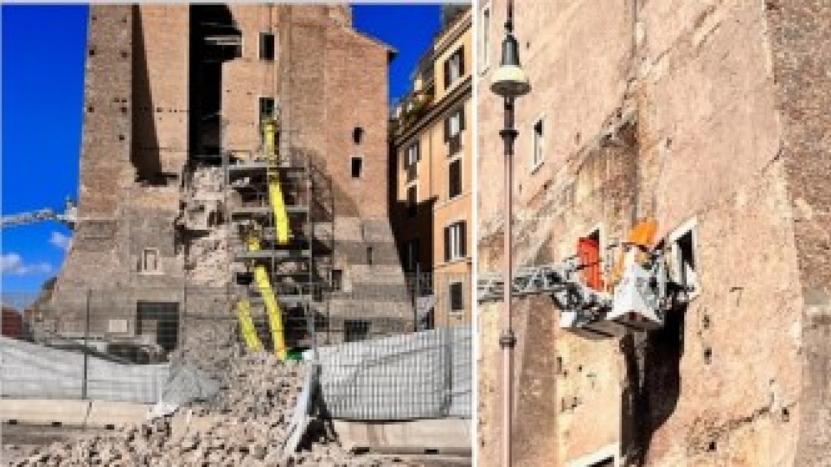 Roma, crolla parte della Torre dei Conti in largo Corrado Ricci: in corso il salvataggio di un operaio sotto le macerie 