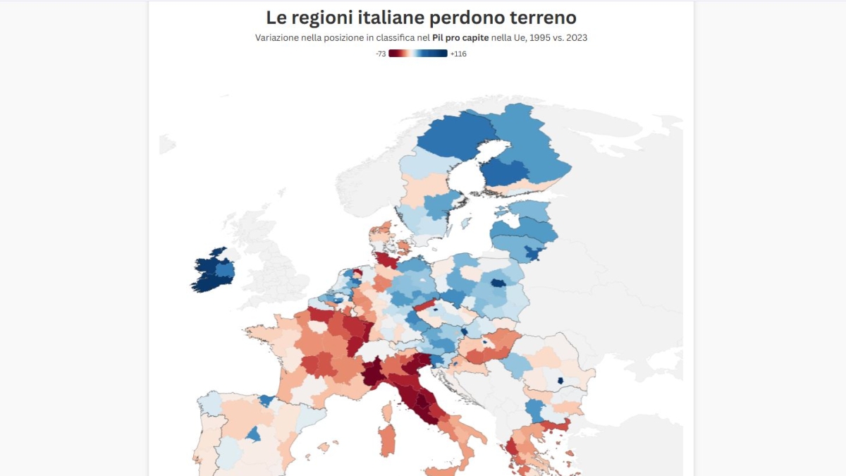 Pil pro capite, la mappa che      spiega il crollo dei redditi in Italia nell’ultimo decennio