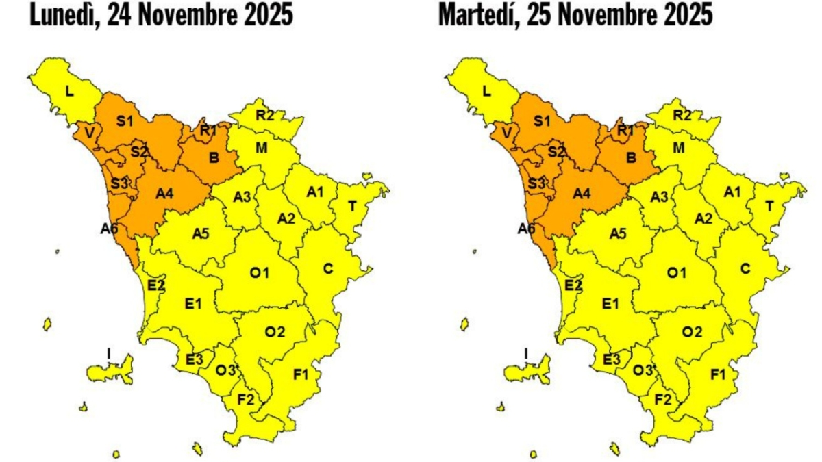 Maltempo in Toscana, torrenti sopra il livello di guardia, tre trombe d'aria marine a Livorno, spalti delle Mura a Lucca allagati. L'allerta gialla diventa arancione