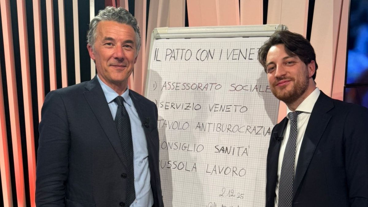 Stefani come Berlusconi da Vespa, firma negli studi di una tv il patto con i veneti: «Volontariato obbligatorio per bulli»