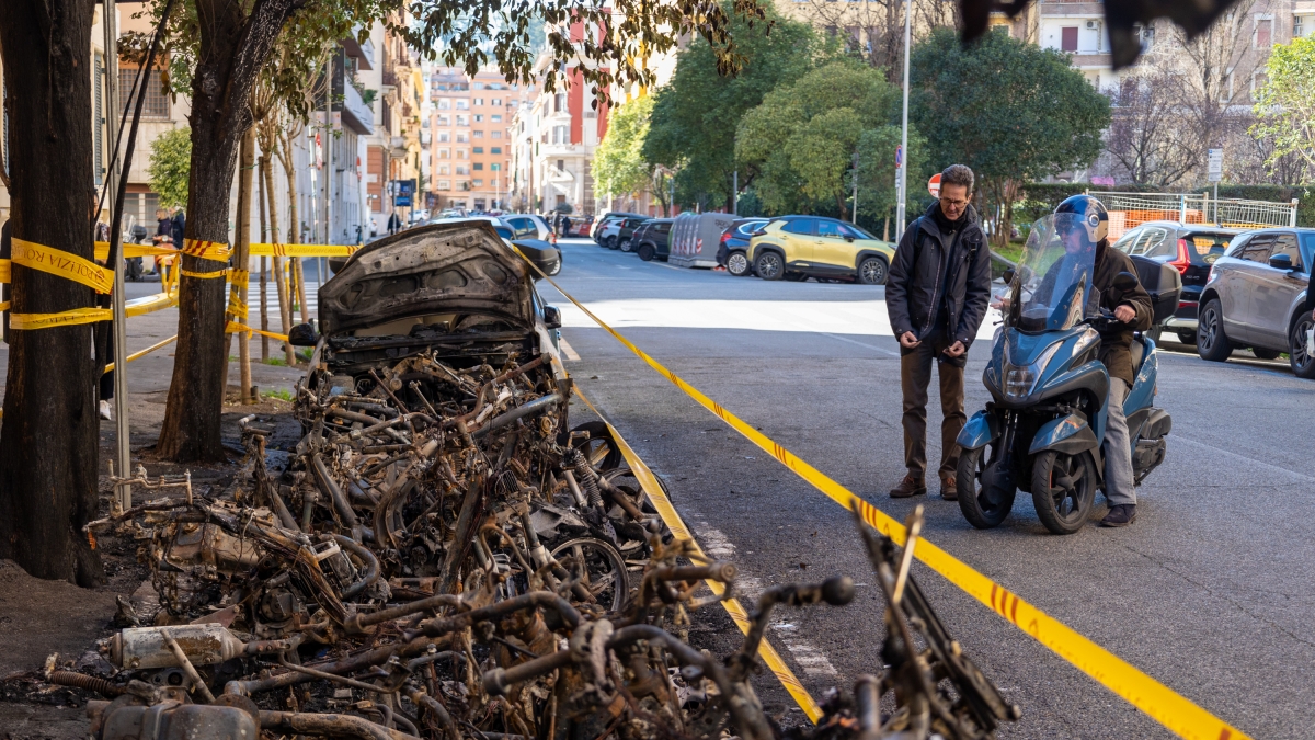 Roma, a fuoco nella notte a Prati 14 scooter, due auto e anche gli alberi sul marciapiede. Come nel 2023. L'ipotesi dolo