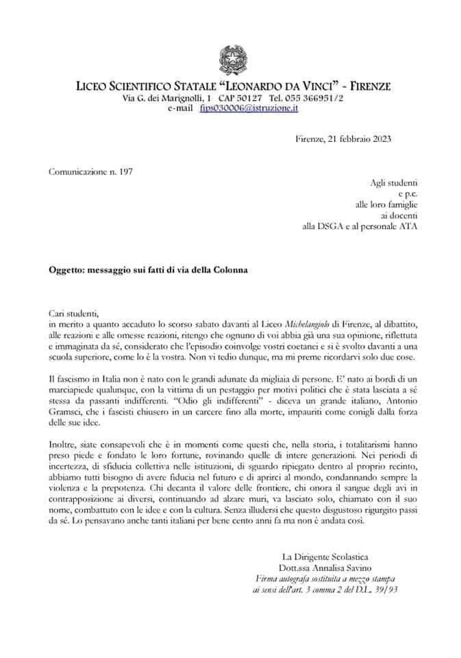 La lettera della preside agli studenti dopo il pestaggio a Firenze: «Il fascismo è nato sui bordi di un marciapiede»