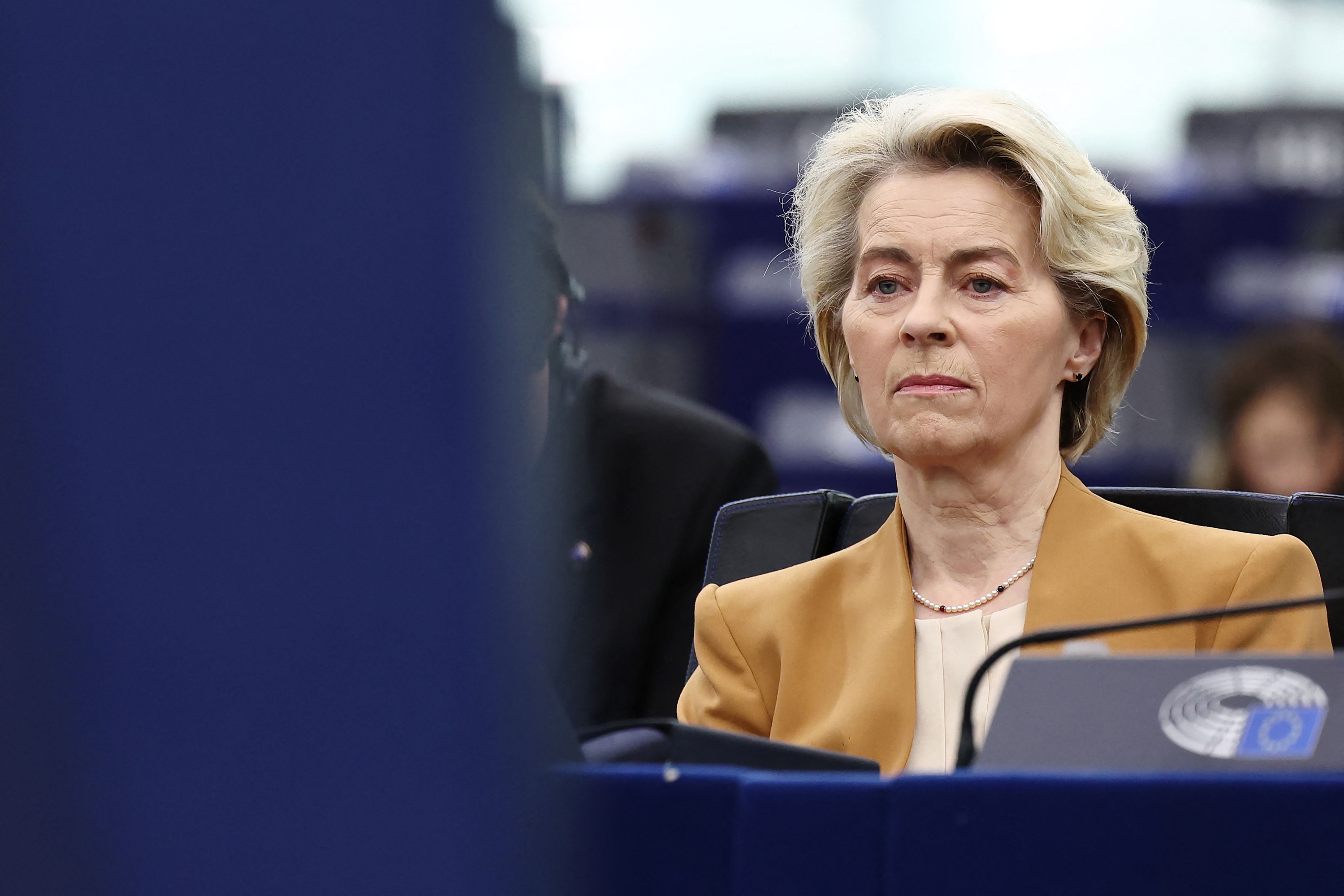 European Commission President Ursula von der Leyen looks on as she attends a debate on the results of the latest EU summits, as part of a plenary session at the European Parliament in Strasbourg, eastern France, on February 6, 2024. (Photo by FREDERICK FLORIN / AFP)