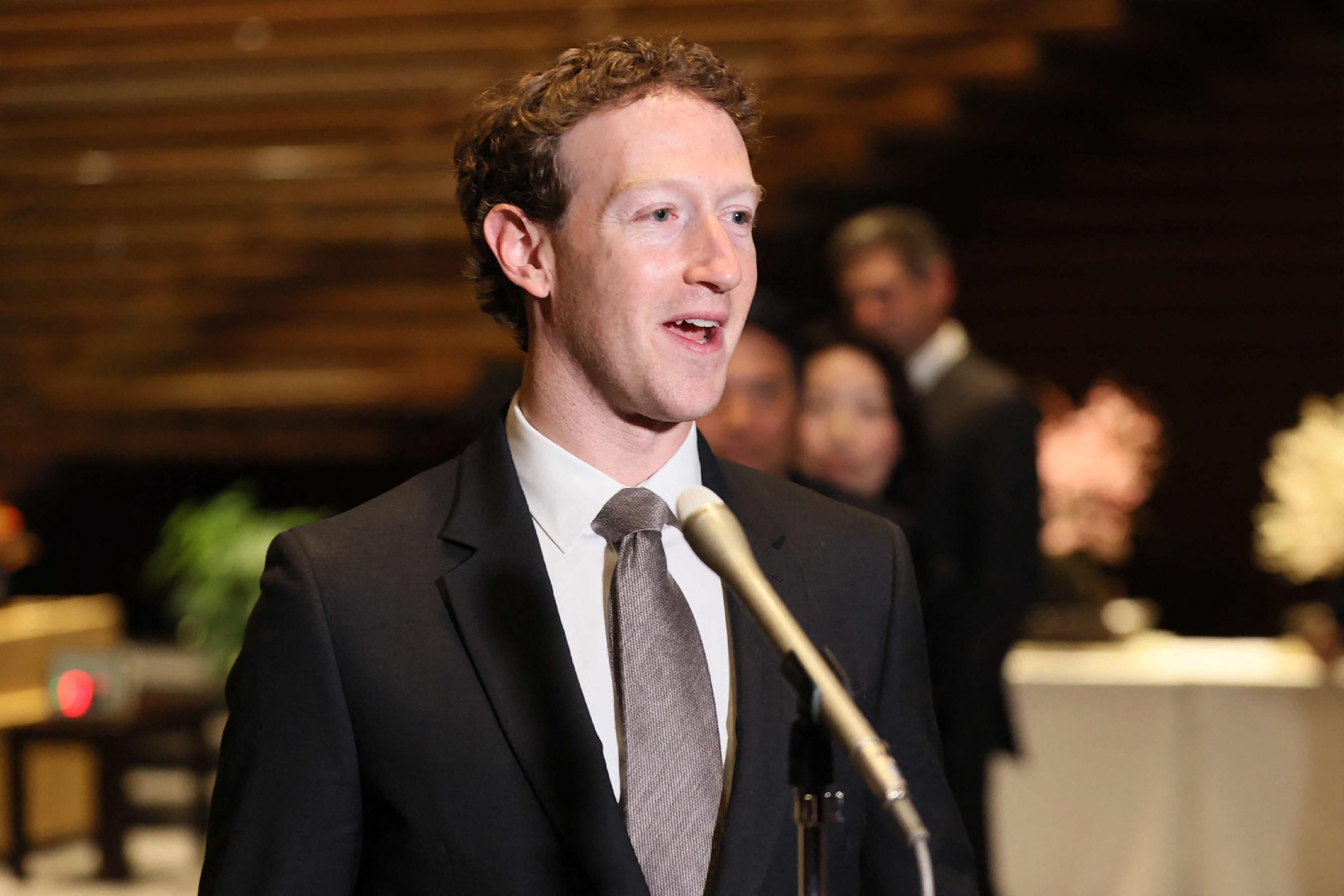 This photo taken on February 27, 2024 shows Mark Zuckerberg, head of US tech giant Meta, speaking to reporters at the Japanese prime minister's office during his visit to Tokyo. (Photo by JIJI Press / AFP) / Japan OUT