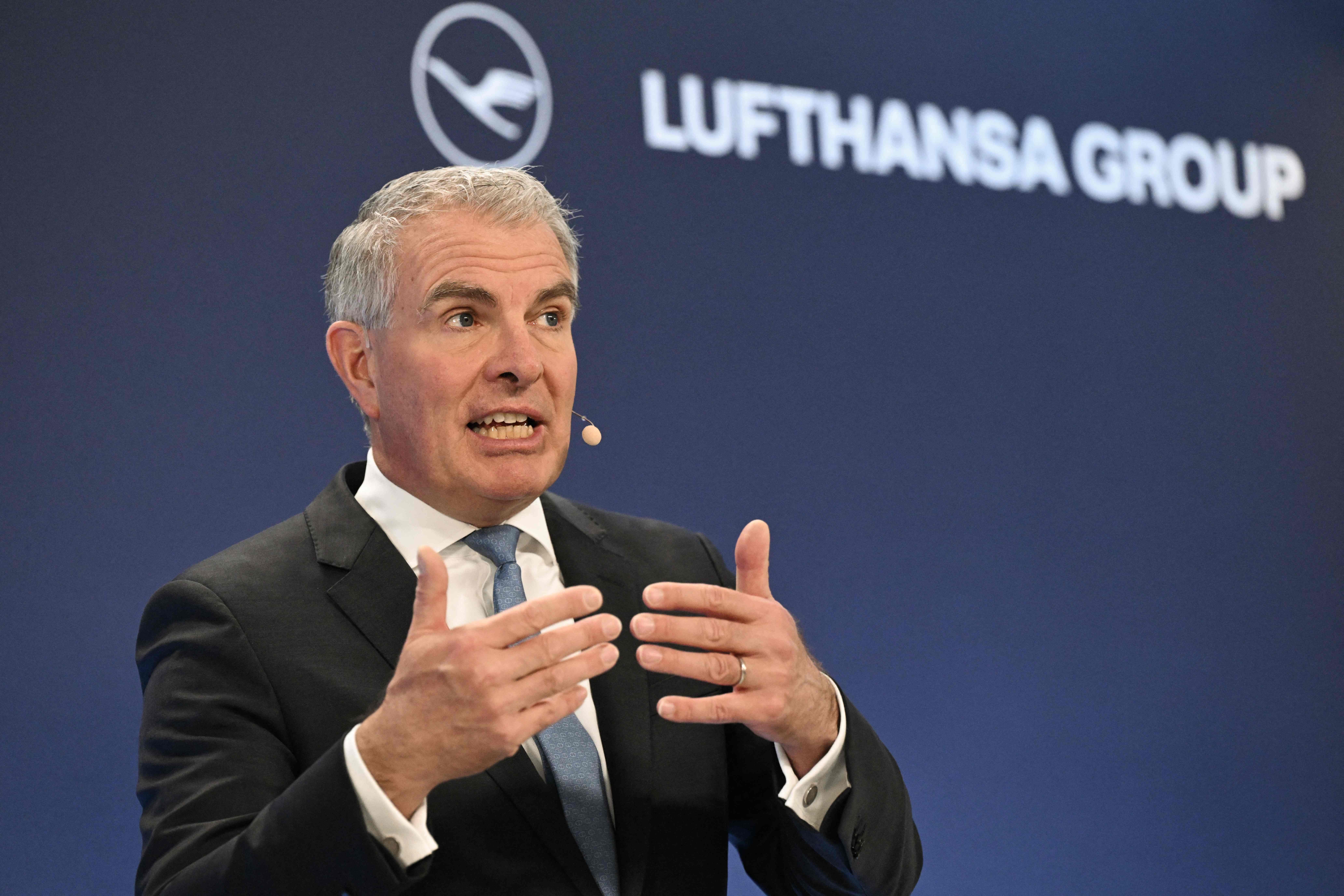 Carsten Spohr, CEO of German airline Lufthansa, speaks during a press conference to present his company's 2023 results in Frankfurt am Main, western Germany, on March 3, 2023. German airline giant Lufthansa more than doubled its profits in 2023, extending a rebound from the coronavirus pandemic even as it faces fresh risks from a wave of industrial action. (Photo by Kirill KUDRYAVTSEV / AFP)