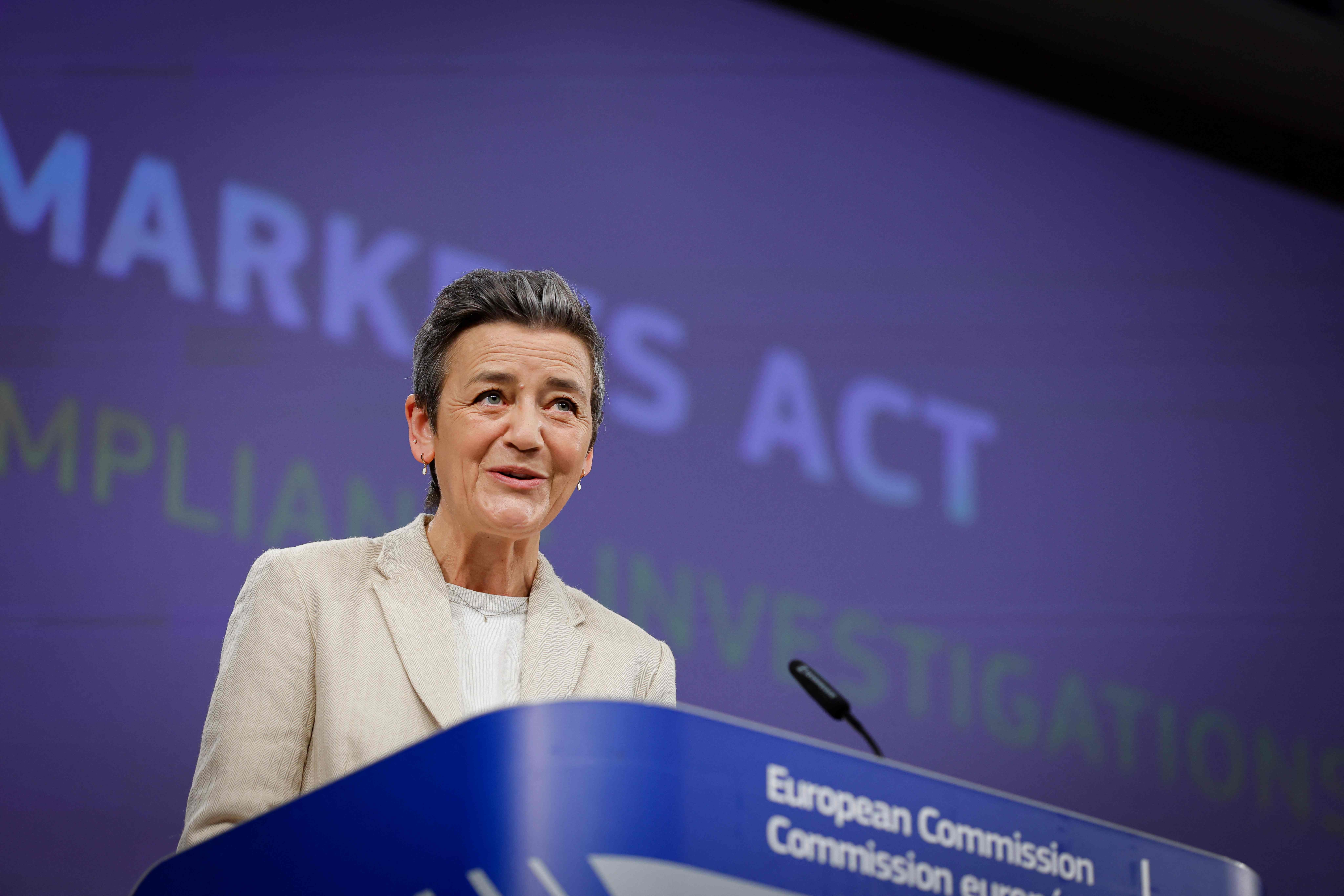 European Commission Vice-President in charge of Europe fit for the digital age and Commissioner for Competition Margrethe Vestager gives a press conference on EU probes Apple, Google, Meta under new digital law at the EU headquarters in Brussels, on March 25, 2024. The EU  hit Apple, Google parent Alphabet and Meta on March 25, 2024 with the first ever probes under a mammoth digital law, which could lead to big fines against the US giants. The European Commission, the EU's antitrust regulator, announced that it "suspects that the measures put in place by these gatekeepers fall short of effective compliance of their obligations under the DMA",the bloc's Digital Markets Act. Since March 7, six of the world's biggest tech companies - Alphabet, Amazon, Apple, TikTok owner ByteDance, Meta and Microsoft, have had to comply with the EU's landmark DMA after being named so-called "gatekeepers". (Photo by Kenzo TRIBOUILLARD / AFP)