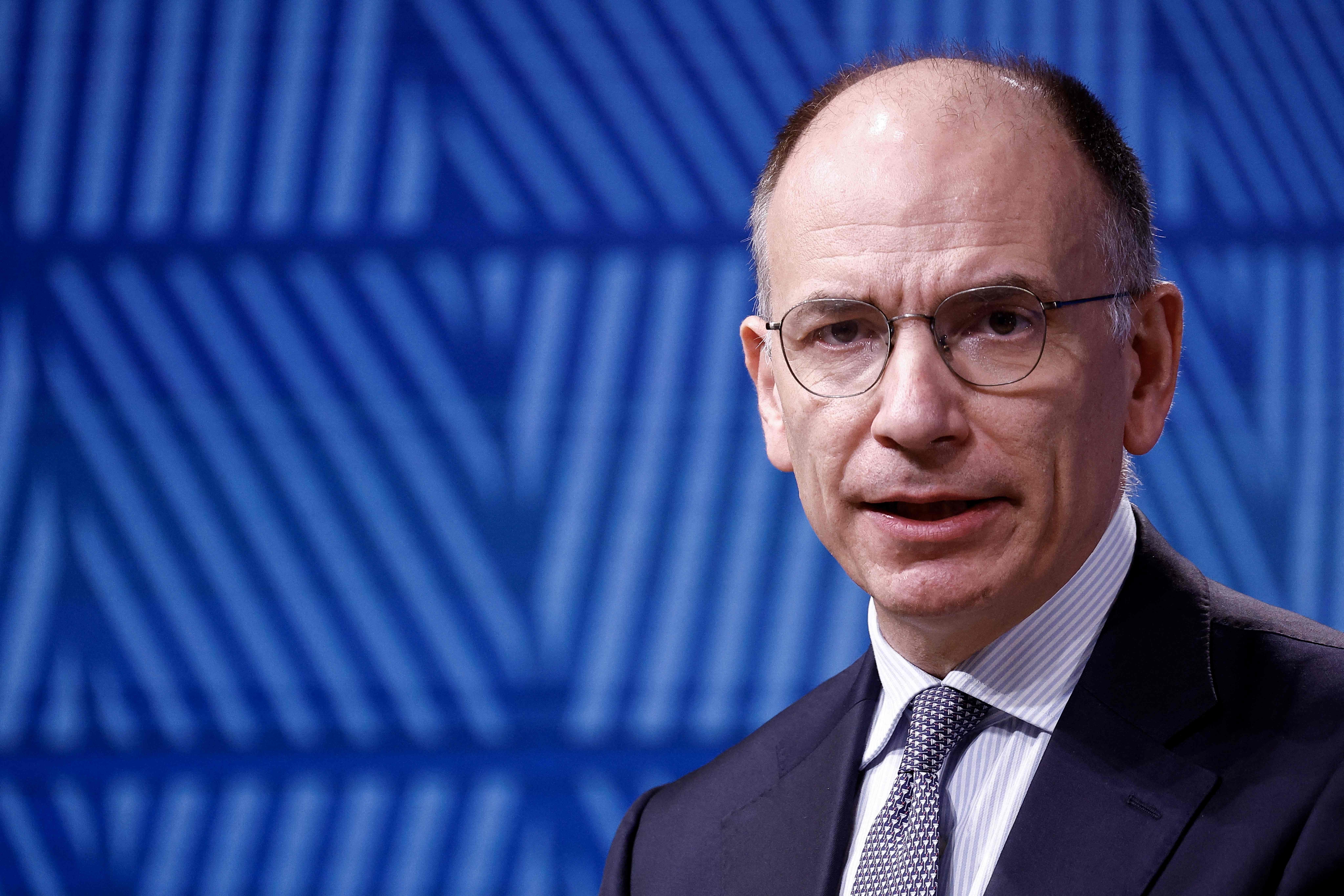 Rapporteur for the high level report on the future of the single market Enrico Letta attends a joint press conference with European Council president ahead of a European Council summit at the EU headquarters in Brussels on April 17, 2024. (Photo by Kenzo TRIBOUILLARD / AFP)