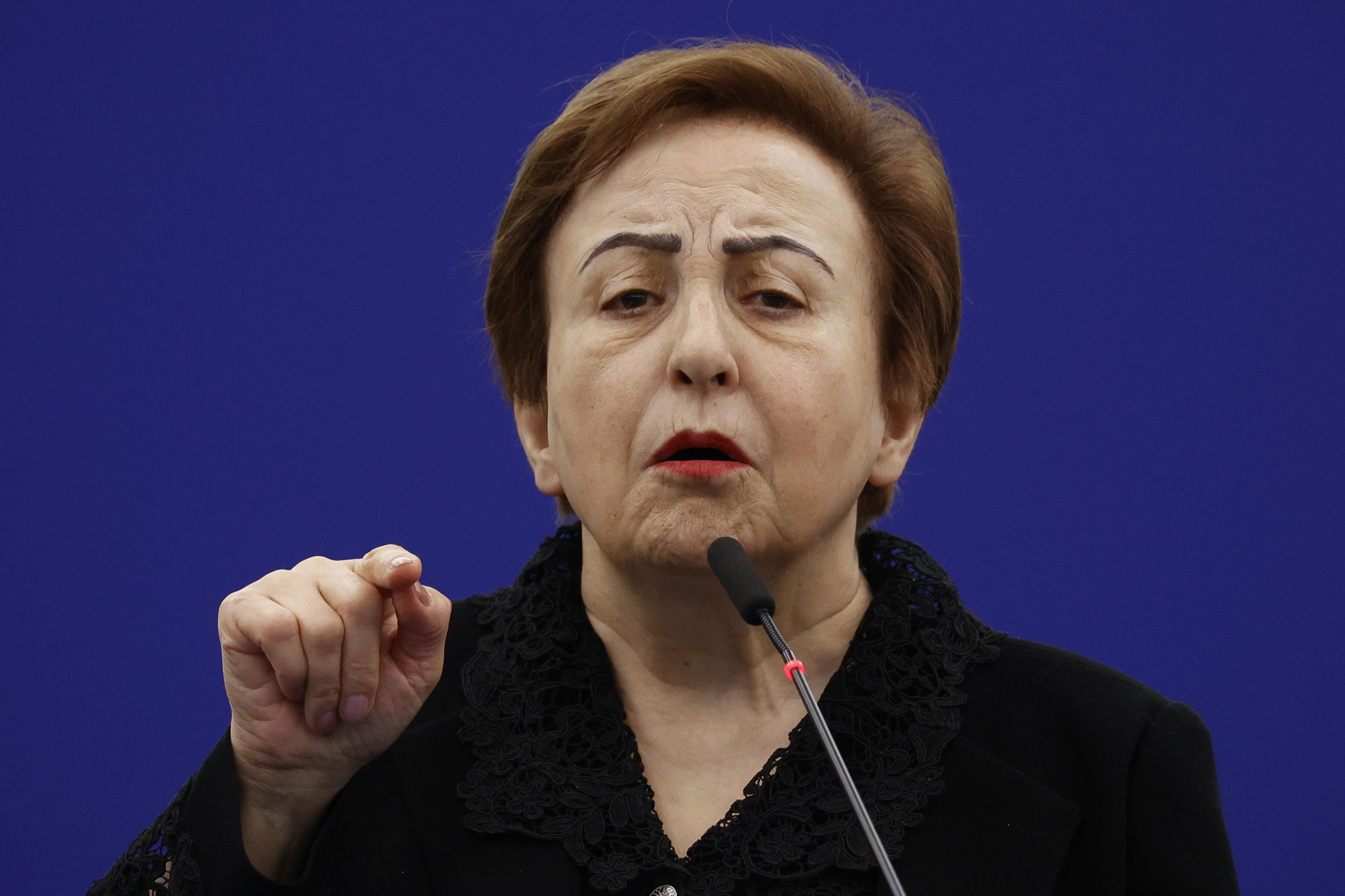 epa10524069 2003 Nobel Peace Prize Laureate, Iranian lawyer Shirin Ebadi speaks during the ceremony marking the International Women's Day at the European Parliament in Strasbourg, France, 15 March 2023.  EPA/JULIEN WARNAND