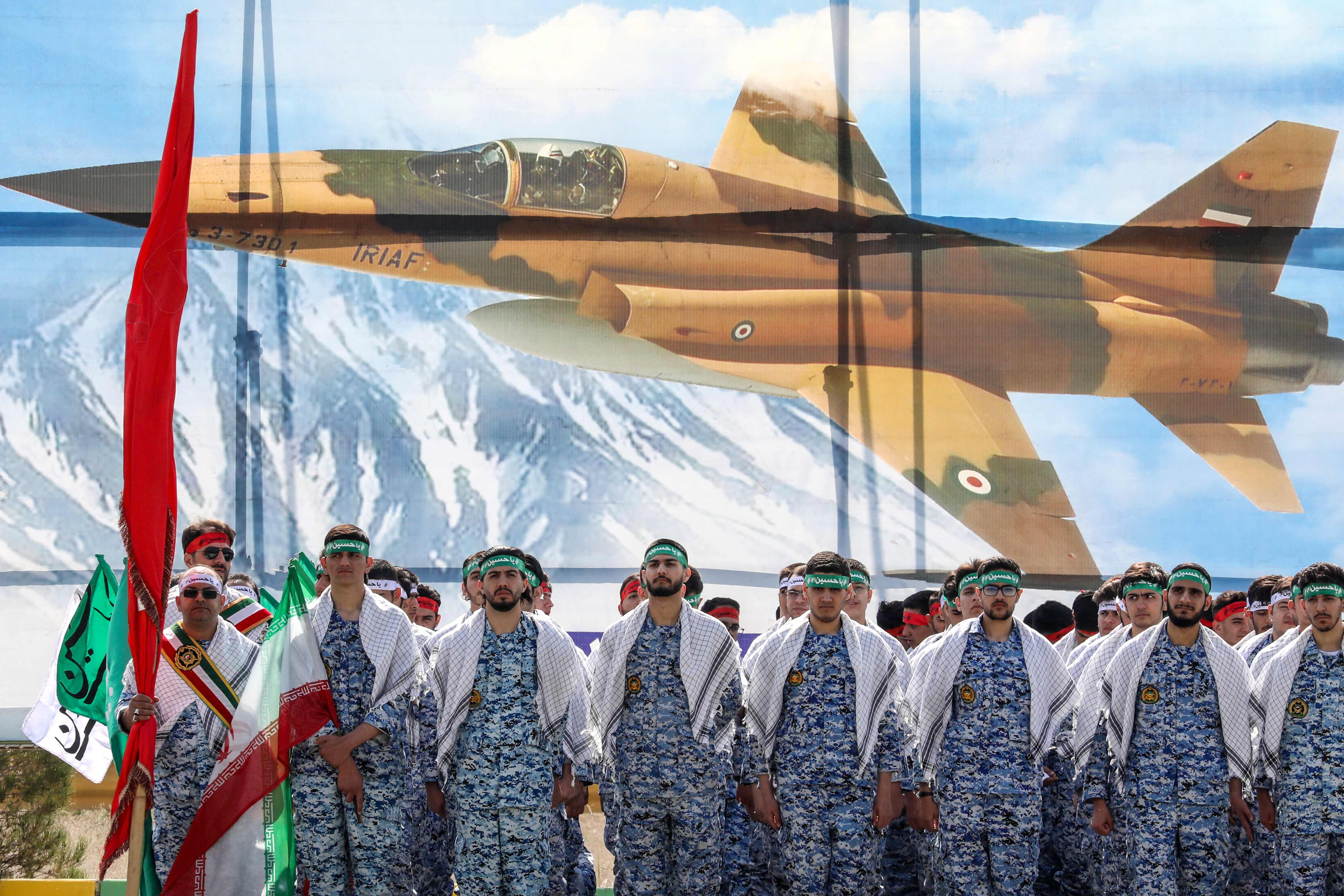TOPSHOT - Iranian soldiers take part in a military parade during a ceremony marking the country's annual army day in the capital Tehran on April 17, 2024. (Photo by ATTA KENARE / AFP)