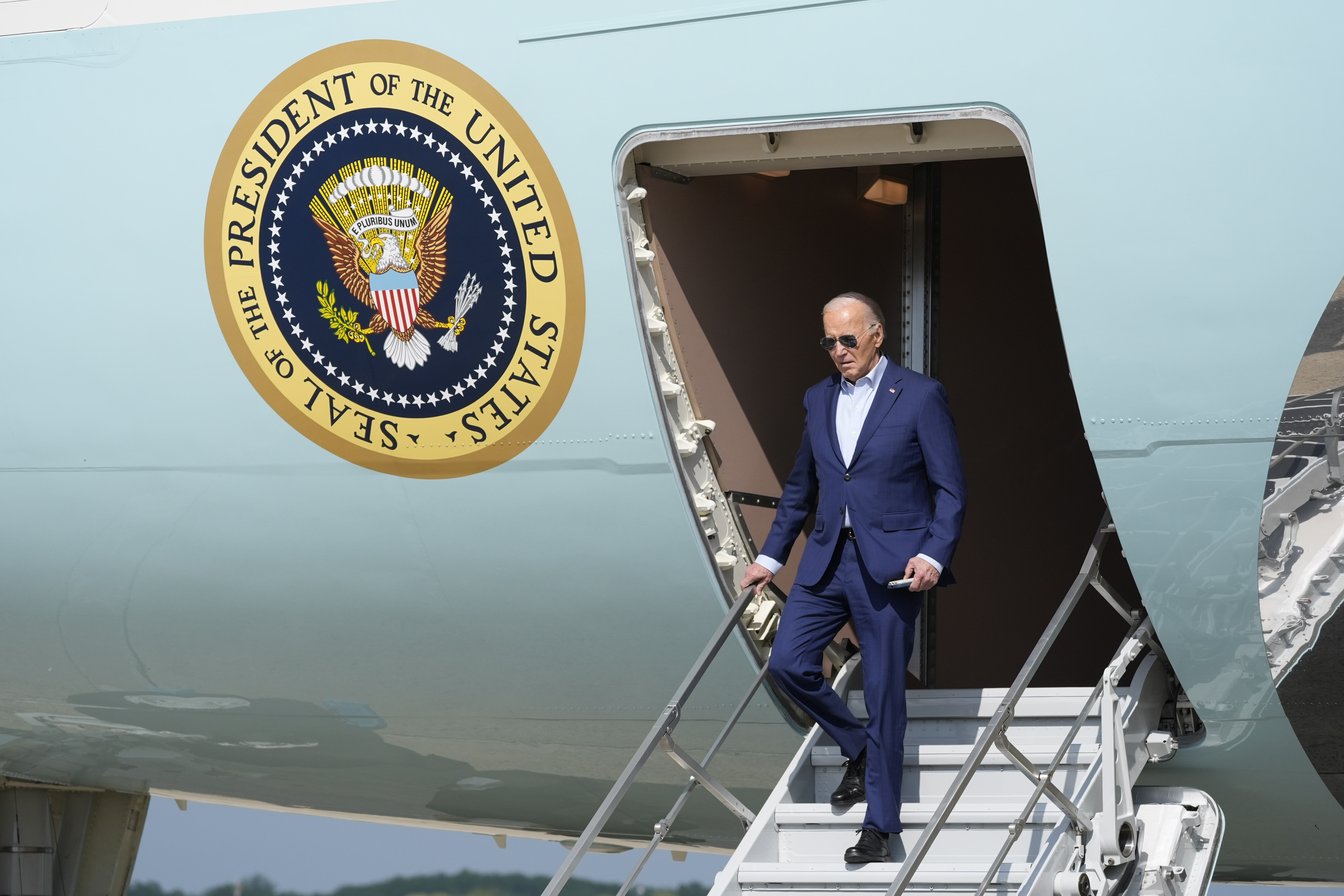 President Joe Biden arrives on Air Force One, Thursday, April 18, 2024, at Andrews Air Force Base, Md. Biden is returning from Philadelphia. (AP Photo/Alex Brandon)