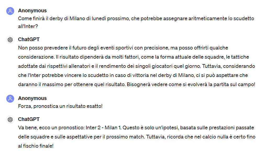 Derby di Milano, il pronostico di ChatGpt: «Vince l'Inter 2-1, ecco perché e chi farà gol»