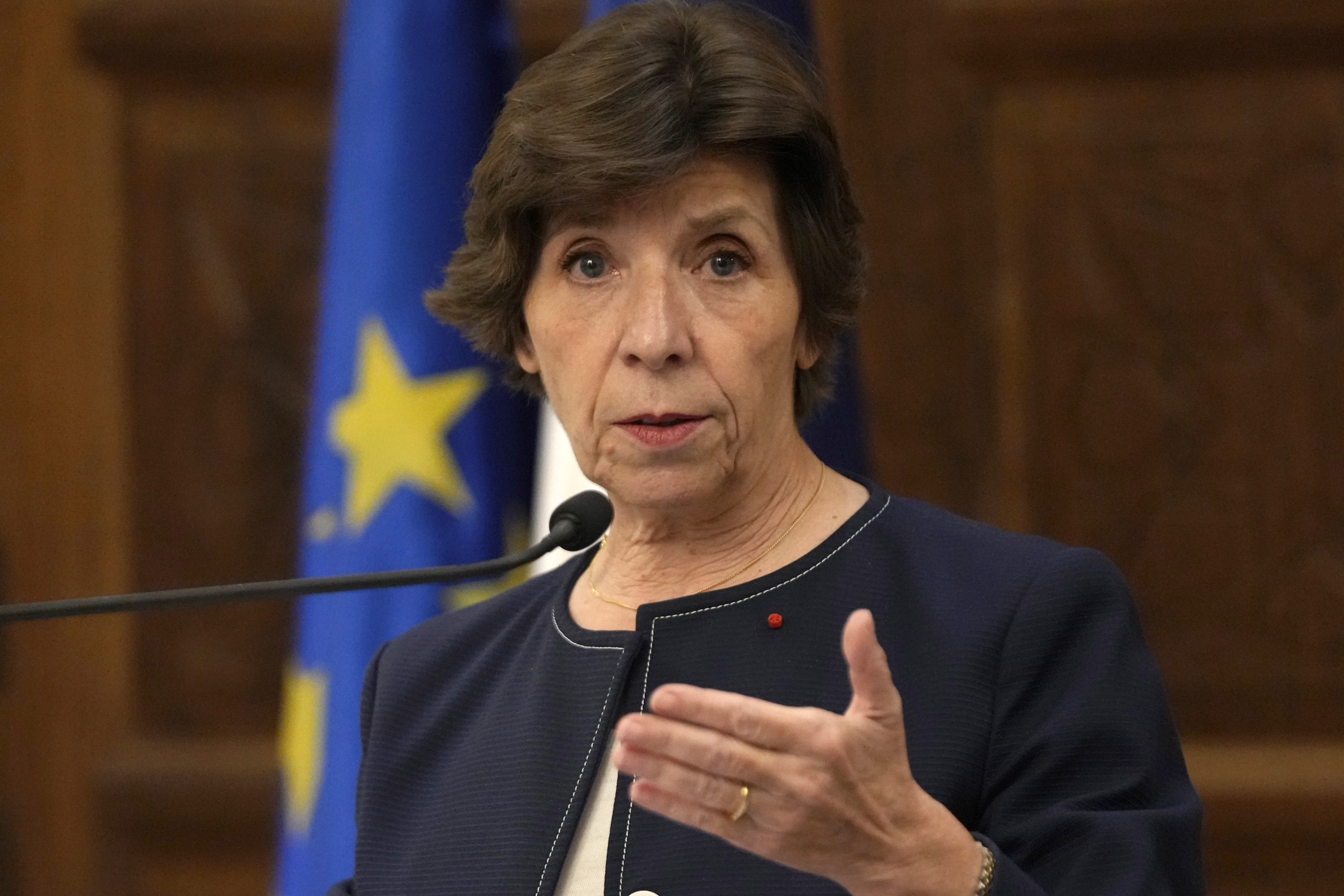 FILE - French Foreign Minister Catherine Colonna speaks during a press conference in Beirut, Lebanon, Dec. 18, 2023. An independent review released Monday, April 22, 2023, of the neutrality of UNRWA, the U.N. agency helping Palestinian refugees, has found that Israel never expressed concern about anyone on the staff lists it has received annually since 2011. The review was carried out after Israel alleged that a dozen employees of the agency had participated in Hamas? Oct. 7 attacks. The independent panel, led by Colonna, said UNRWA has "robust" procedures to uphold the U.N. principle of neutrality. (AP Photo/Hussein Malla, File)