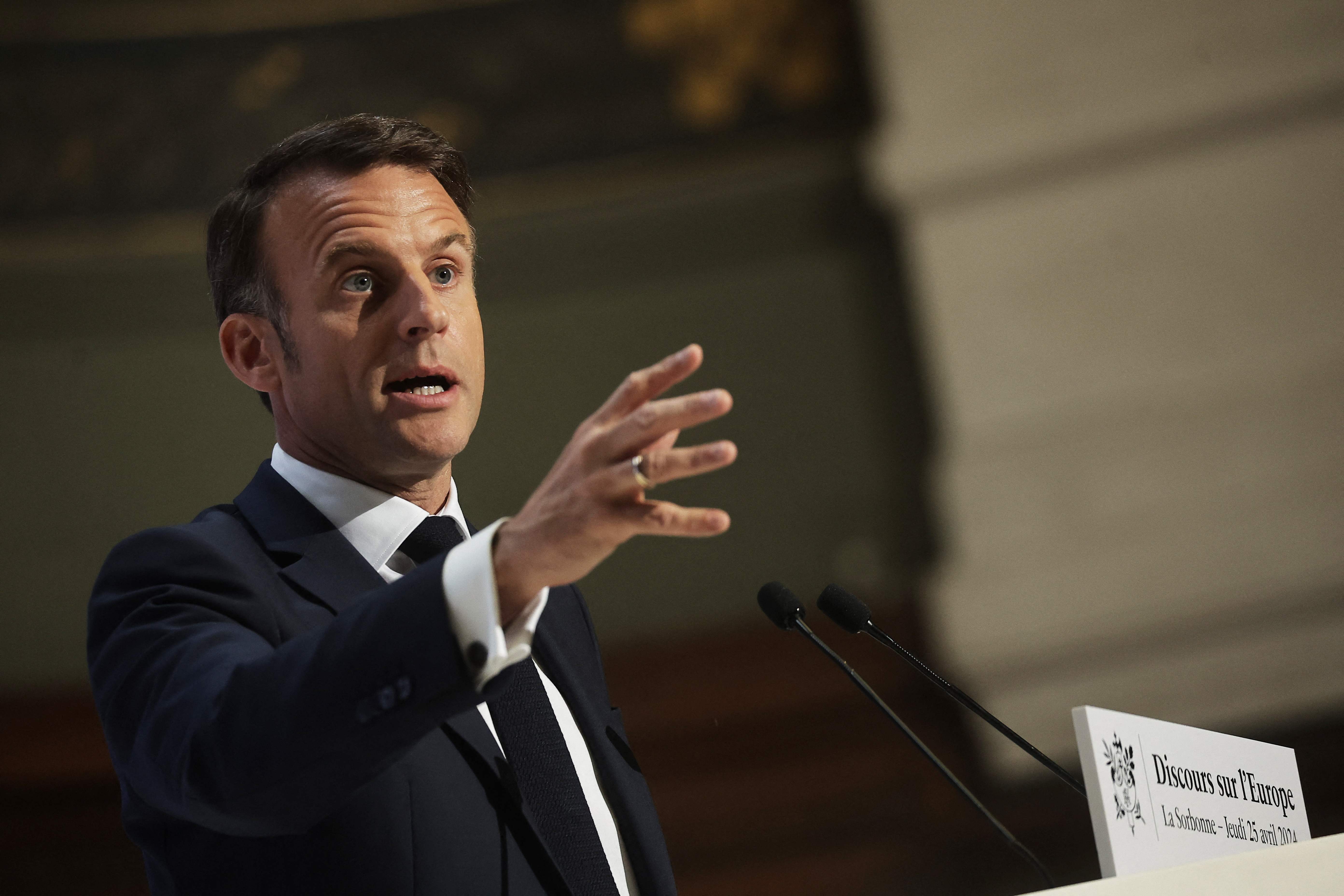 French President Emmanuel Macron delivers a speech on Europe in an amphitheatre of the Sorbonne University in Paris, on April 25, 2024. President Emmanuel Macron gives a speech setting out his European policy directions ahead of the European elections on 09 June. (Photo by Christophe PETIT TESSON / POOL / AFP)