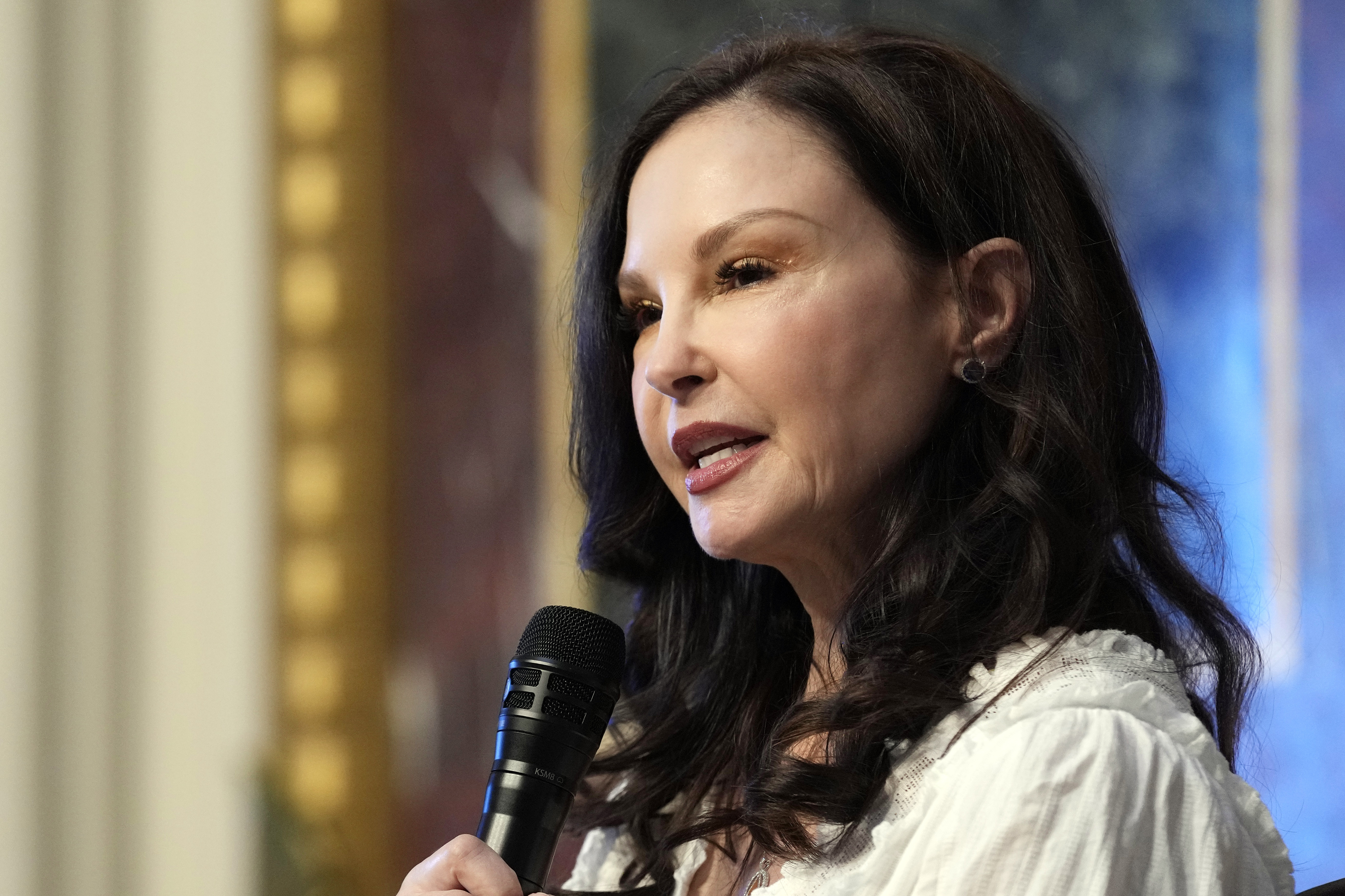 Ashley Judd speaks during an event on the White House complex in Washington, Tuesday, April 23, 2024, with notable suicide prevention advocates. The White House held the event on the day they released the 2024 National Strategy for Suicide Prevention to highlight efforts to tackle the mental health crisis and beat the overdose crisis. (AP Photo/Susan Walsh)