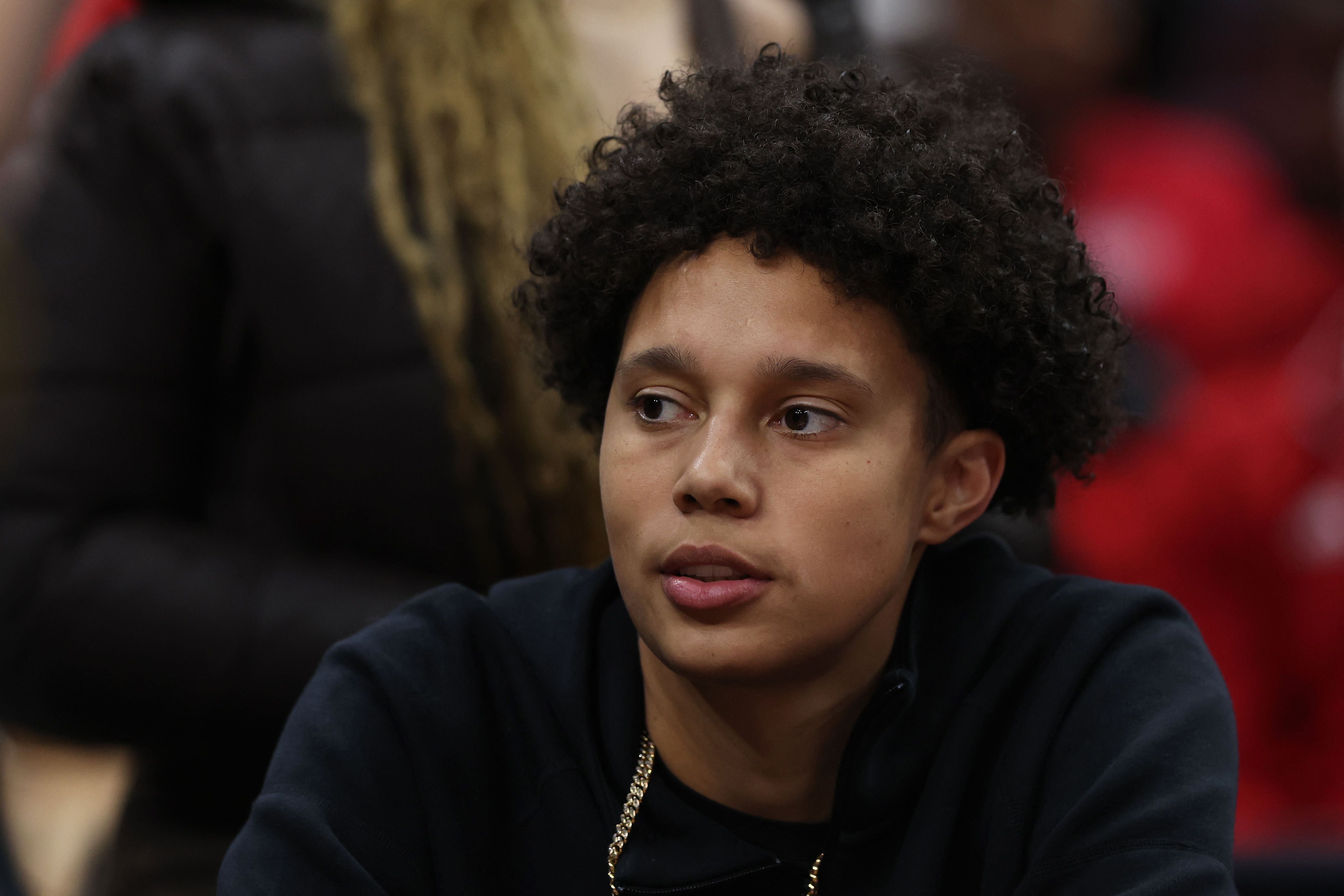 CLEVELAND, OHIO - APRIL 05: Brittney Griner looks on in the second half during the NCAA Women's Basketball Tournament Final Four semifinal game between the UConn Huskies and the Iowa Hawkeyes at Rocket Mortgage Fieldhouse on April 05, 2024 in Cleveland, Ohio.   Steph Chambers/Getty Images/AFP (Photo by Steph Chambers / GETTY IMAGES NORTH AMERICA / Getty Images via AFP)