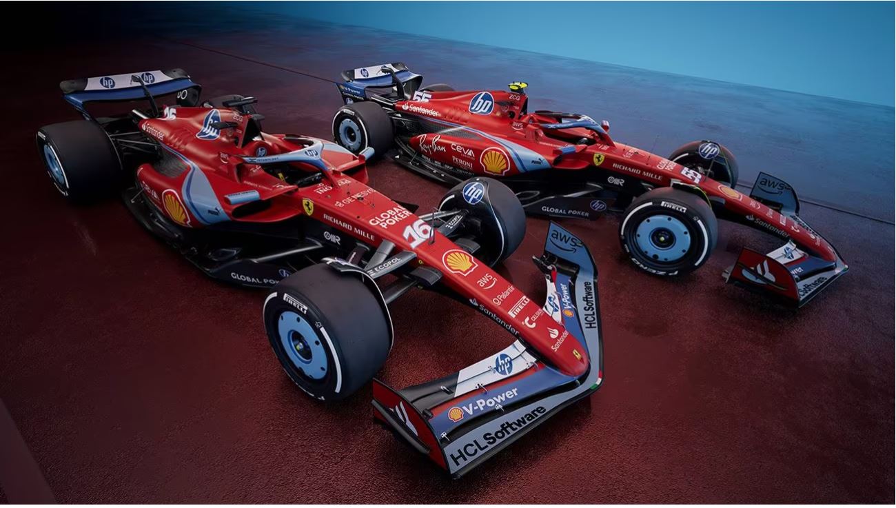 Ferrari SF-24 con livrea rossa e Azzurro La Plata e Azzurro Dino per il Gran Premio di Formula 1 di Miami 2024