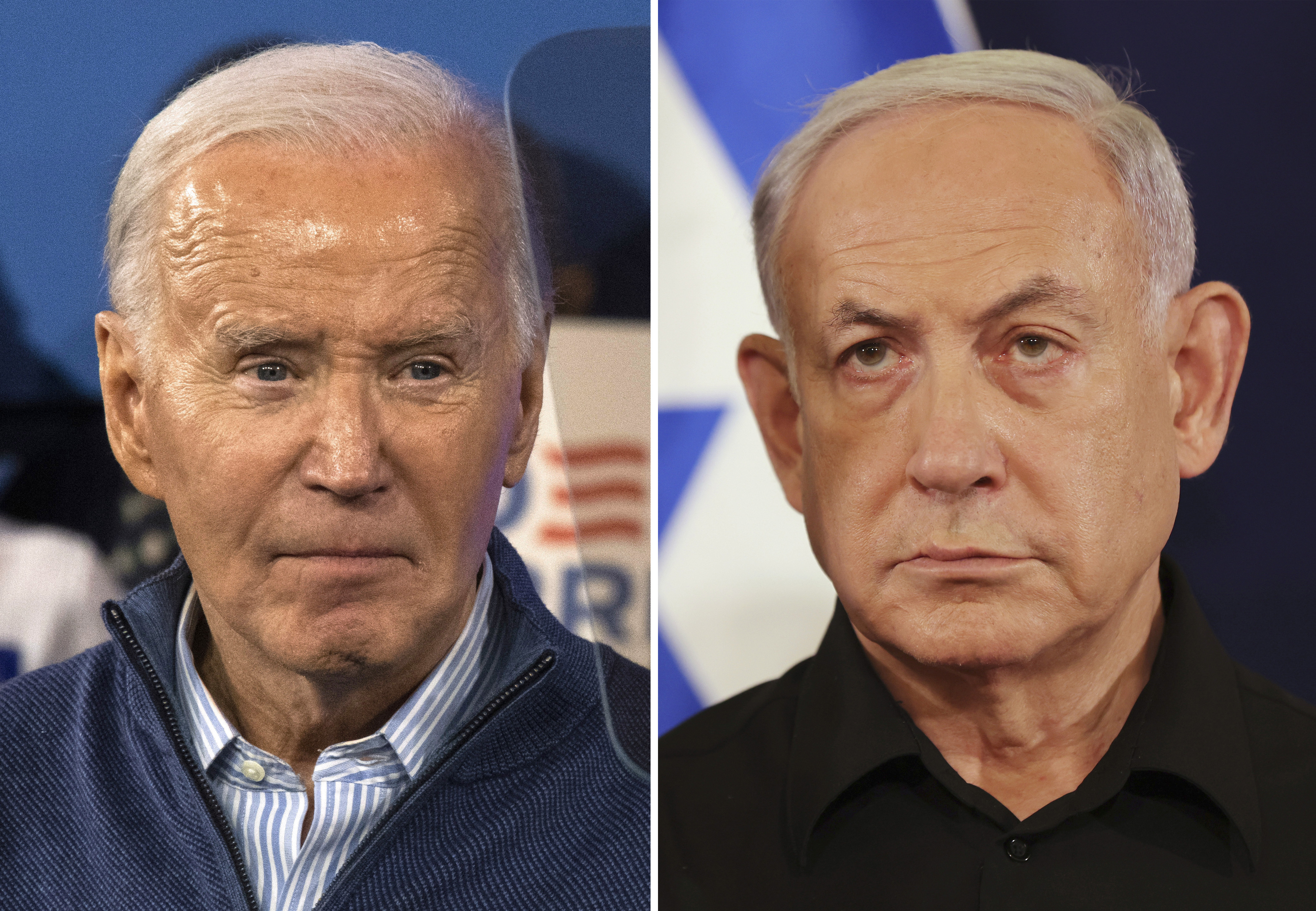 This combination photo shows President Joe Biden, left, on March 8, 2024, in Wallingford, Pa., and Israeli Prime Minister Benjamin Netanyahu in Tel Aviv, Israel, Oct. 28, 2023. Biden and Netanyahu spoke Monday, May 6, 2024, a White House official and National Security Council spokesperson said, as Israel appeared closer to launching an offensive on the southern Gaza city of Rafah. That move is staunchly opposed by the U.S. on humanitarian grounds.  (AP Photo)