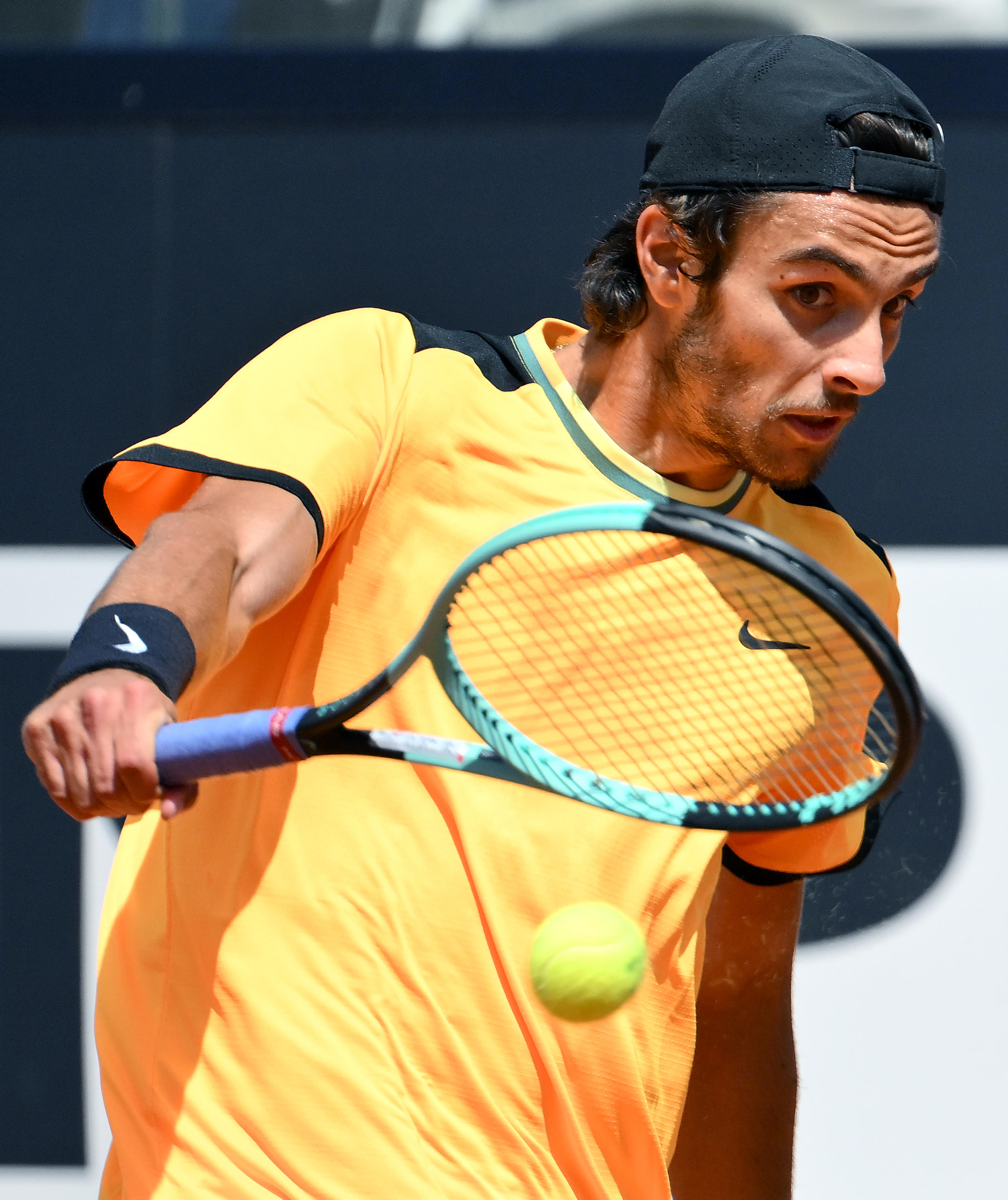 Lorenzo Musetti of Italy in action during his men's singles second round match against Terence Atmane of France at the Italian Open tennis tournament in Rome, Italy, 10 May 2024.  ANSA/ETTORE FERRARI