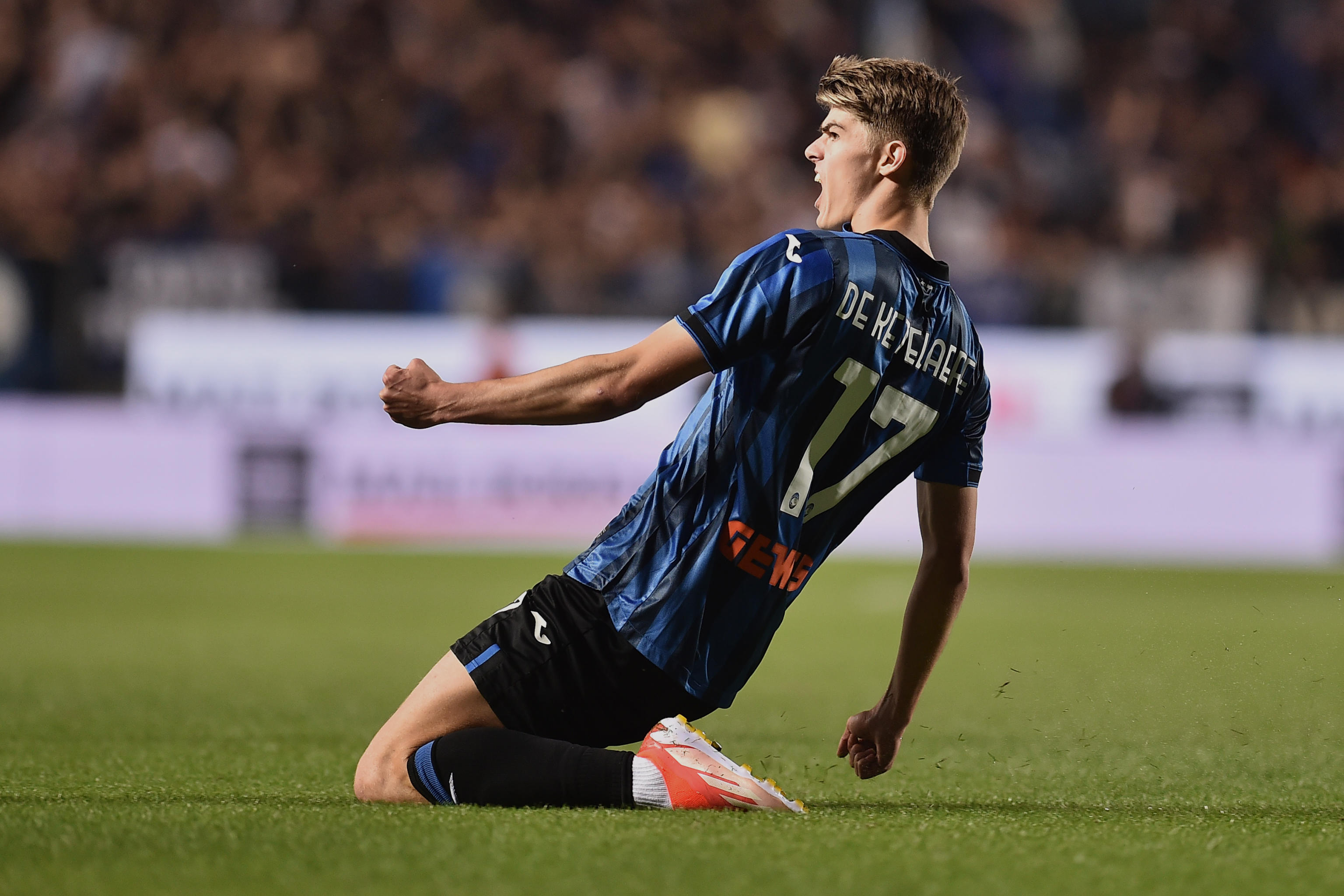 Atalanta's Charles de Ketelaere celebrates after goal 1-0 during the Italian Serie A soccer match Atalanta BC vs AS Roma at the Gewiss Stadium in Bergamo, Italy, 12 May 2024. ANSA/MICHELE MARAVIGLIA