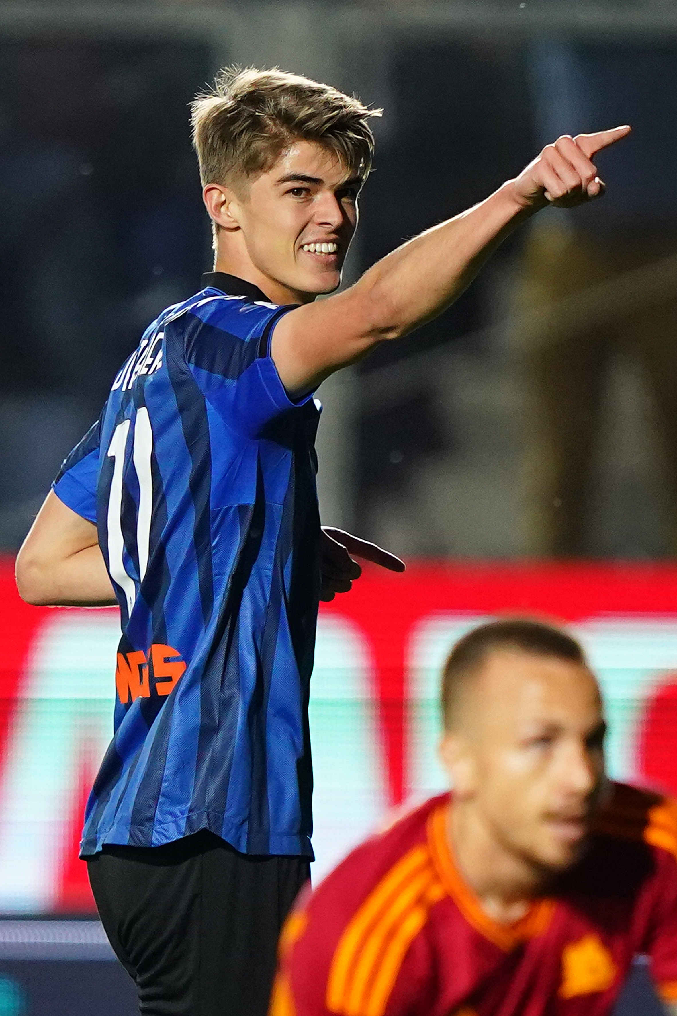Atalanta?s Charles De Ketelaere celebrates after scoring    2-0  during the Serie A soccer match between Atalanta  and AS Roma  at the Gewiss Stadium  , north Italy - Sunday 12 May , 2024. Sport - Soccer . (Photo by Spada/LaPresse)