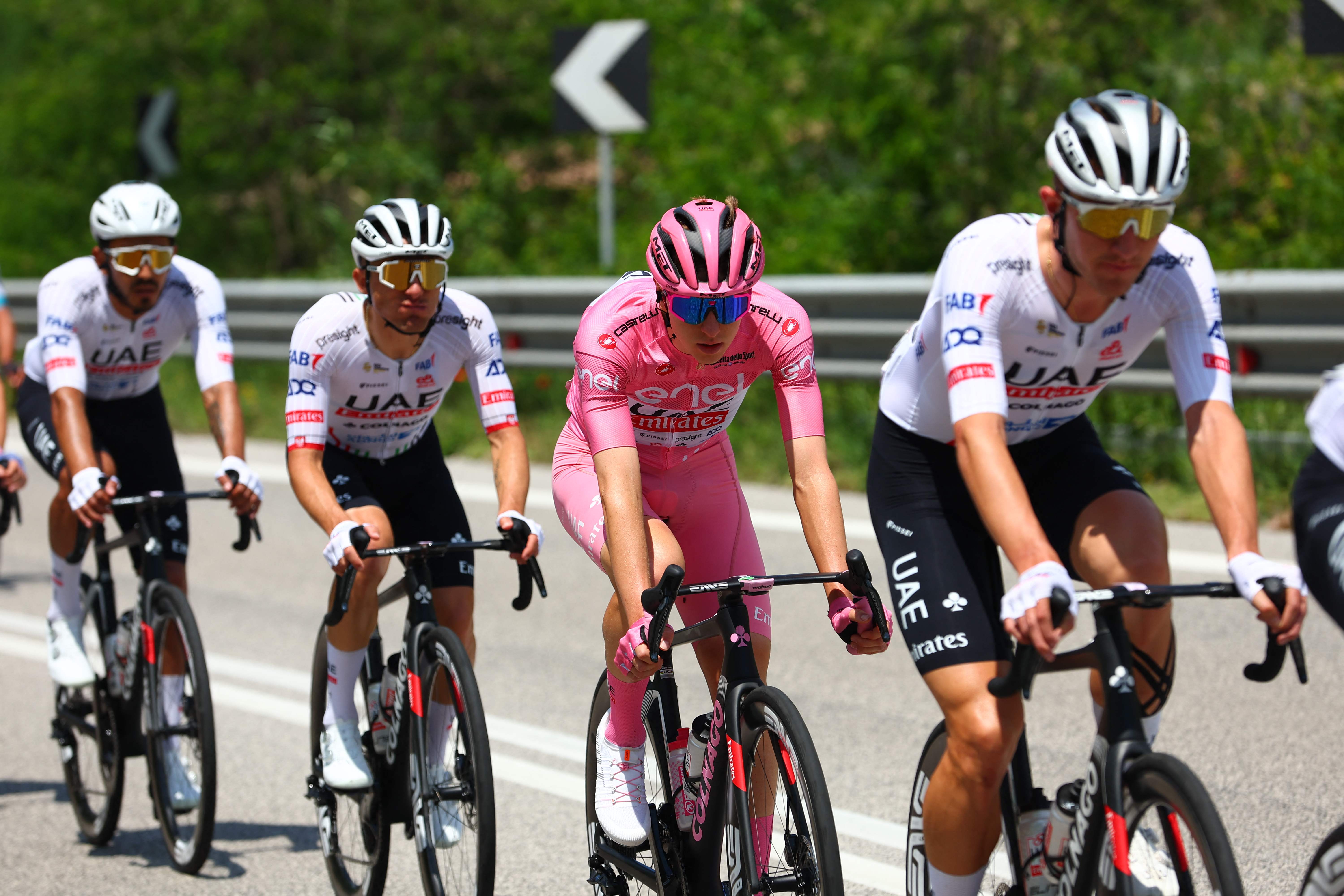 Team UAE's Slovenian rider Tadej Pogacar rides with teammates during the 9th stage of the 107th Giro d'Italia cycling race, 214km between Avezzano and Naples, on May 12, 2024. (Photo by Luca Bettini / AFP)