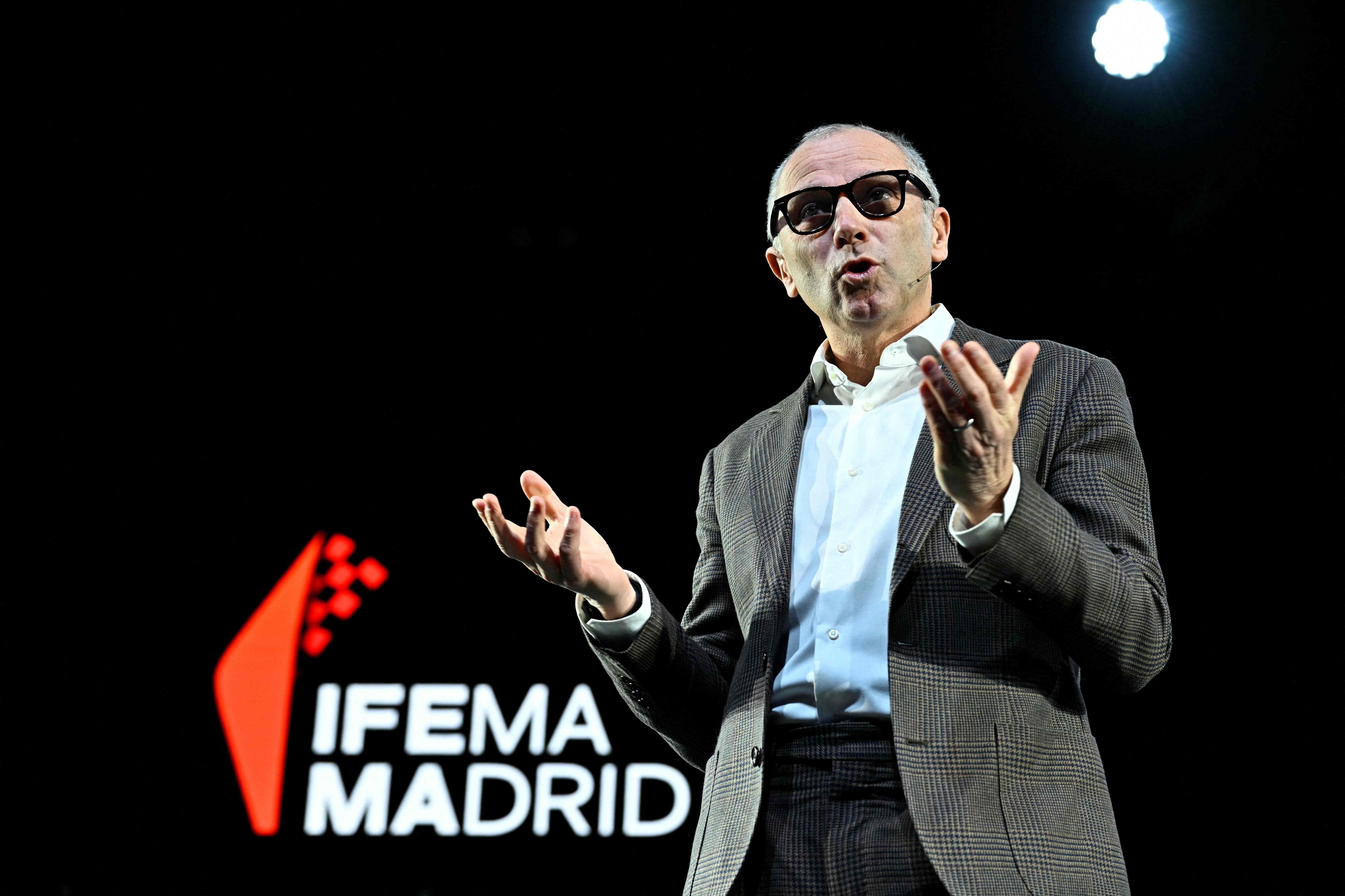 Stefano Domenicali, CEO of the Formula One proup, gives a press conference in Madrid on January 23, 2024 as F1 group announced that Madrid will stage a new Spanish Grand Prix from 2026. (Photo by JAVIER SORIANO / AFP)