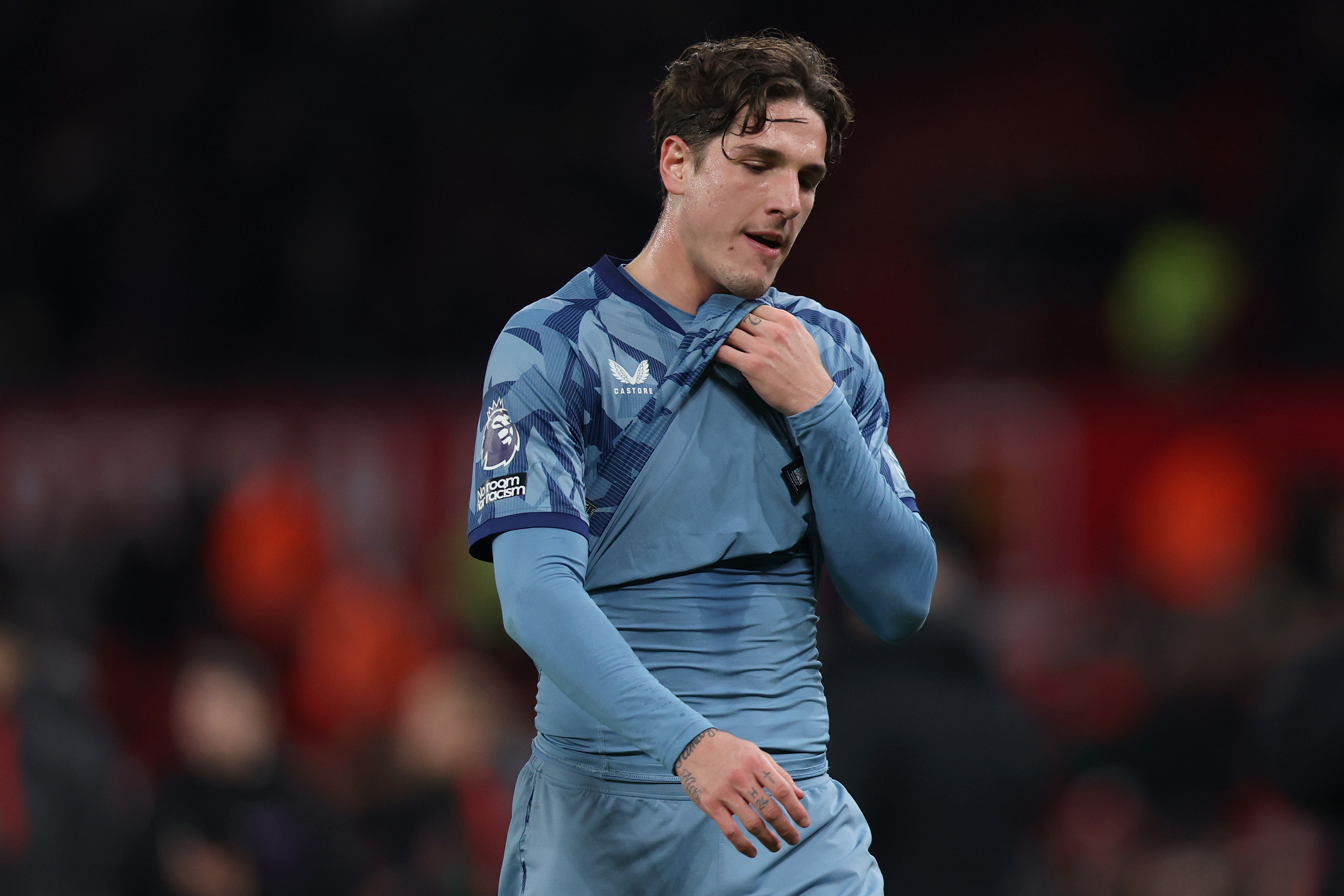 MANCHESTER, ENGLAND - DECEMBER 26: Nicolo Zaniolo of Aston Villa reacts during the Premier League match between Manchester United and Aston Villa at Old Trafford on December 26, 2023 in Manchester, England. (Photo by Nathan Stirk/Getty Images)