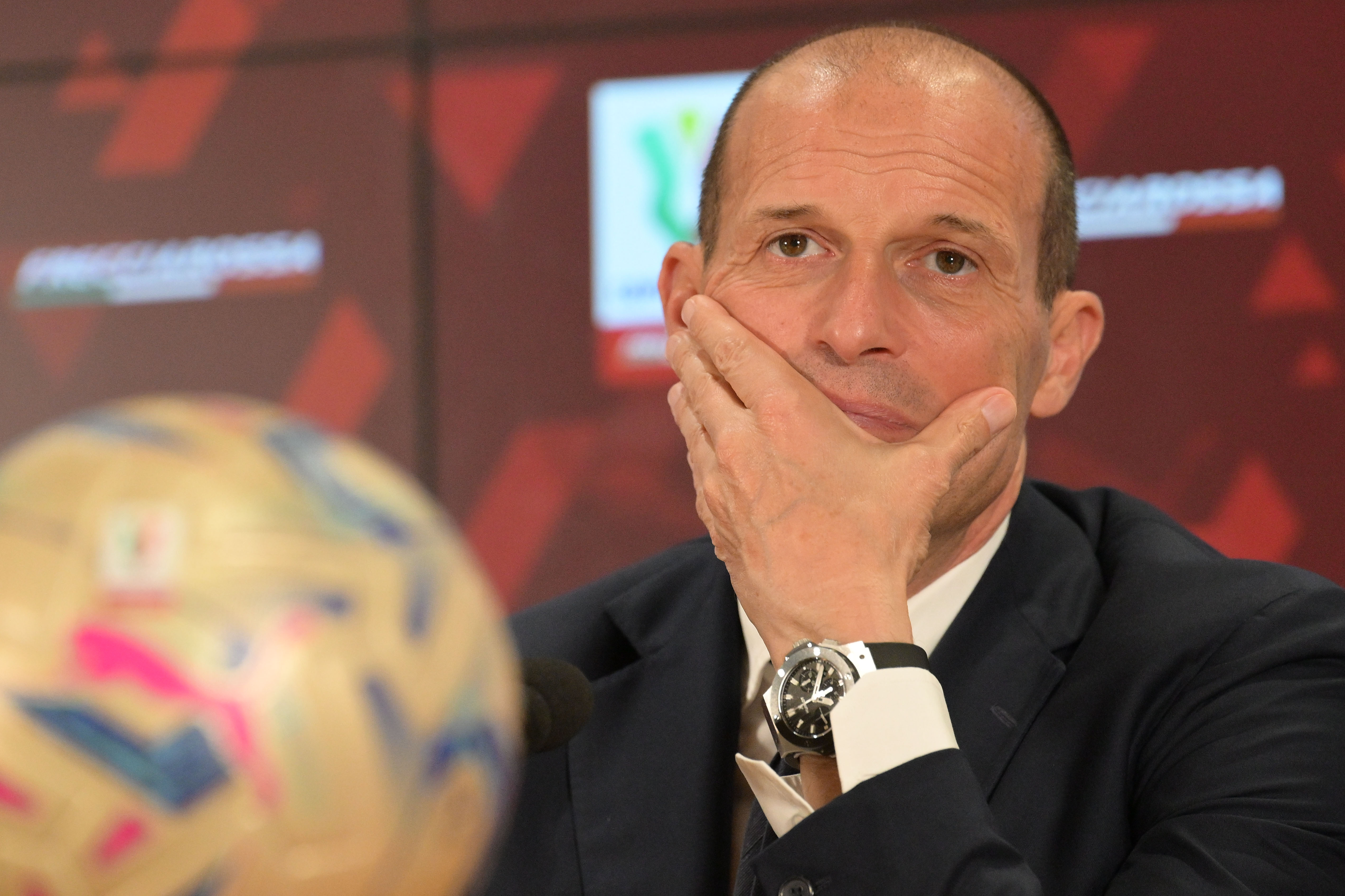 Juventusâ head coach Massimiliano Allegri during Press Conference for the 2024 Italian Cup Final in Rome, Tuesday, May 14, 2024.(Alfredo Falcone/LaPresse)